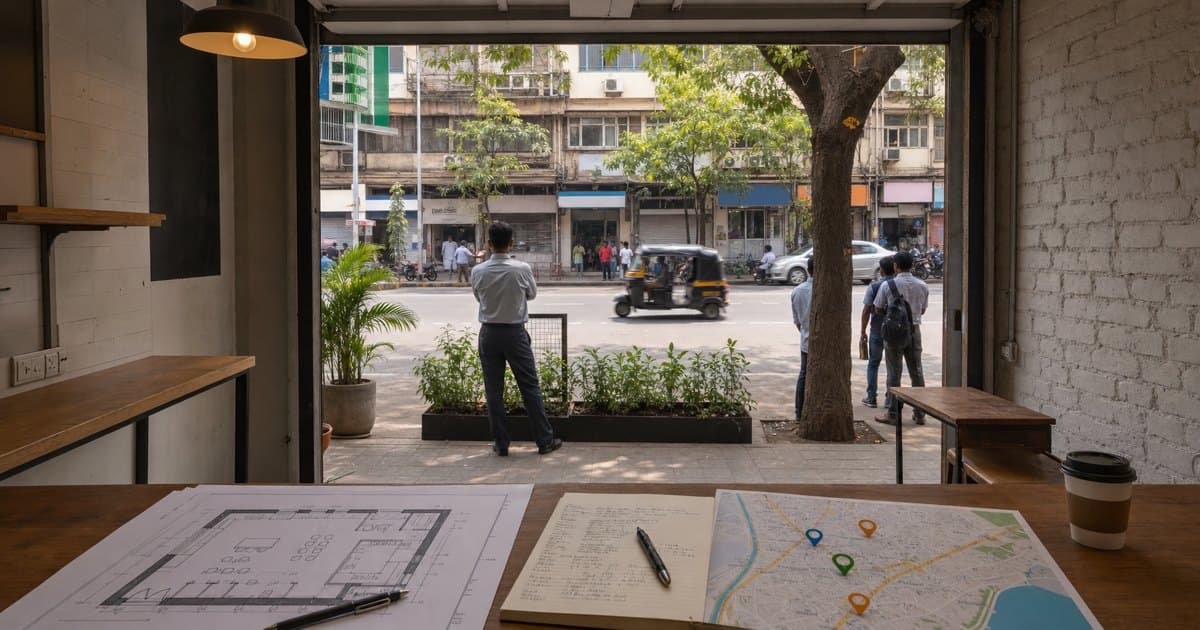 An empty Mumbai cafe unit evaluated against its street and neighborhood map