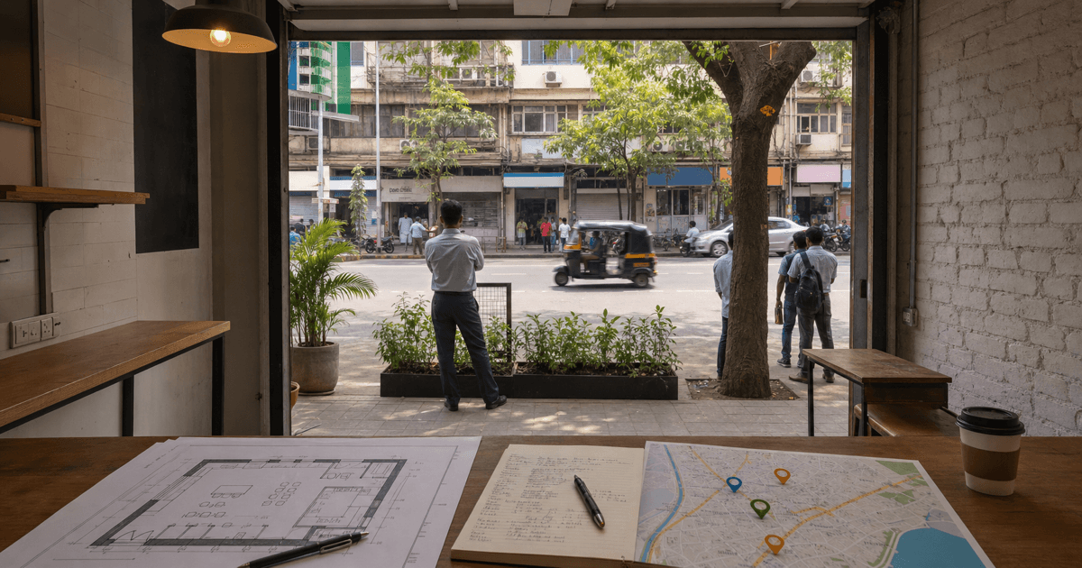 An empty Mumbai cafe unit evaluated against its street and neighborhood map
