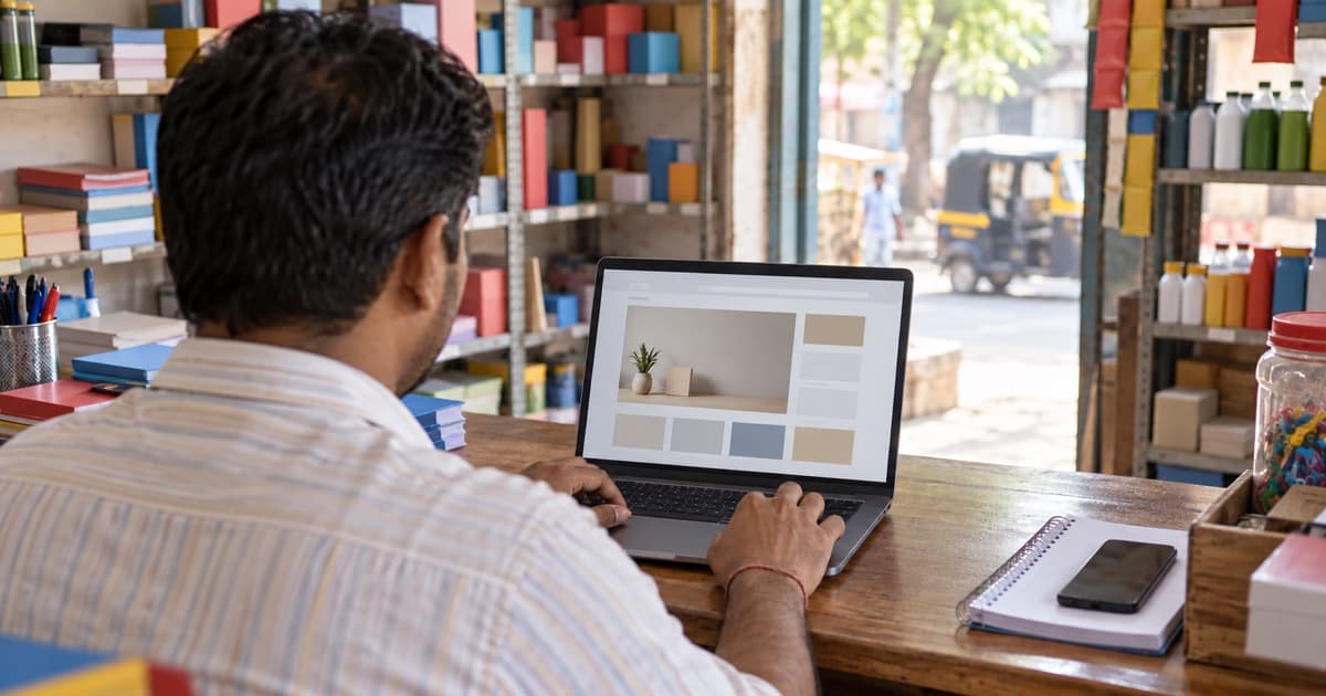 An Indian shop owner builds a simple website on a laptop at the shop counter.