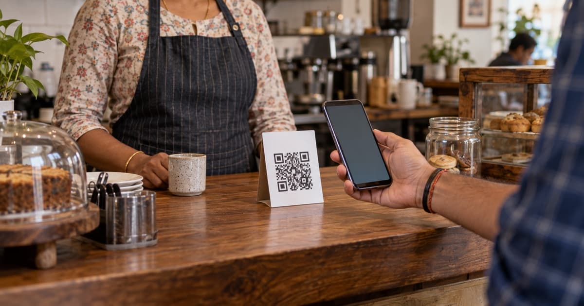 A customer holds a phone toward a QR card at an Indian café billing counter.