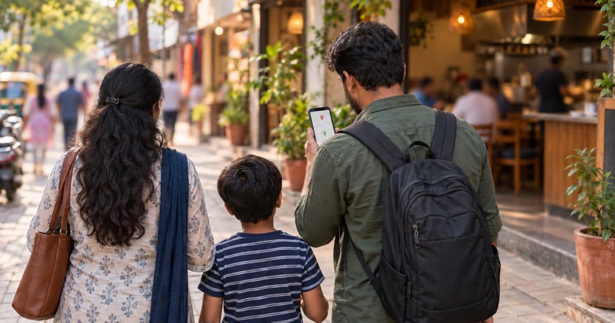 A family consults a phone map while walking past a restaurant on an Indian shopping street.
